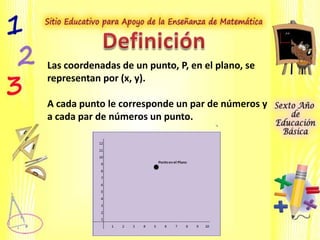 Las coordenadas de un punto, P, en el plano, se
representan por (x, y).
A cada punto le corresponde un par de números y
a cada par de números un punto.