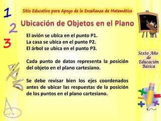 El avión se ubica en el punto P1.
La casa se ubica en el punto P2.
El árbol se ubica en el punto P3.
Cada punto de datos representa la posición
del objeto en el plano cartesiano.
Se debe revisar bien los ejes coordenados
antes de ubicar las respuestas de la posición
de los puntos en el plano cartesiano.