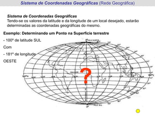 Sistema de Coordenadas Geográficas (Rede Geográfica)
Sistema de Coordenadas Geográficas
Tendo-se os valores da latitude e da longitude de um local desejado, estarão
determinadas as coordenadas geográficas do mesmo.
Exemplo: Determinando um Ponto na Superfície terrestre
- 100º de latitude SUL
Com
- 181º de longitude
OESTE
?
 