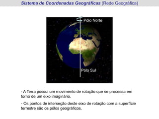 Sistema de Coordenadas Geográficas (Rede Geográfica)
- A Terra possui um movimento de rotação que se processa em
torno de um eixo imaginário.
- Os pontos de interseção deste eixo de rotação com a superfície
terrestre são os pólos geográficos.
Pólo Norte
Pólo Sul
 