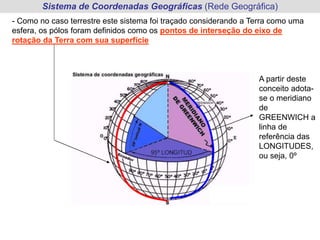 Sistema de Coordenadas Geográficas (Rede Geográfica)
- Como no caso terrestre este sistema foi traçado considerando a Terra como uma
esfera, os pólos foram definidos como os pontos de interseção do eixo de
rotação da Terra com sua superfície
A partir deste
conceito adota-
se o meridiano
de
GREENWICH a
linha de
referência das
LONGITUDES,
ou seja, 0º
 