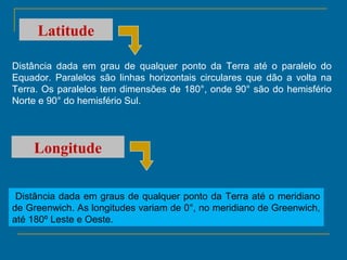 Latitude

Distância dada em grau de qualquer ponto da Terra até o paralelo do
Equador. Paralelos são linhas horizontais circulares que dão a volta na
Terra. Os paralelos tem dimensões de 180°, onde 90° são do hemisfério
Norte e 90° do hemisfério Sul.




    Longitude


 Distância dada em graus de qualquer ponto da Terra até o meridiano
de Greenwich. As longitudes variam de 0°, no meridiano de Greenwich,
até 180º Leste e Oeste.
 