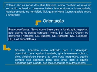Polares: são as zonas das altas latitudes, como recebem os raios do
sol muito inclinados, possuem baixas temperaturas e luminosidade,
localiza-se tanto no hemisfério Sul, quanto Norte ( zonas glaciais Ártico
e Antártico).

                               Orientação
  Rosa-dos-Ventos: Serve como base para a localização espacial,
  pois, aponta os pontos cardeais ( Norte, Sul , Leste e Oeste), os
  colaterais ( Nordeste- NE, Sudeste- SE, Noroeste- NO, Sudoeste-
  SO) e os subcolaterais.



       Bússola: Aparelho muito utilizado para a orientação,
       possuindo uma agulha imantada, gira levemente sobre o
       eixo, dirigindo-se sempre ao polo norte magnético, agulha
       sempre está apontada para essa área, com a agulha
       apontada para o norte, fica fácil encontrar os outros pontos.
 