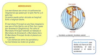 MERIDIANOS
Los meridianos son otras circunferencias
imaginarias que pasan por el polo Norte y el
polo Sur.
Un punto puede estar ubicado en longitud
Este o longitud Oeste.
El meridiano Principal es una línea imaginaria
que une al Polo Norte con el Polo Sur y pasa
por Greenwich (Inglaterra). Por esto el
Meridiano Principal también es llamado el
Meridiano de Greenwich o Meridiano Cero.
El Meridiano Principal divide al planeta en
dos partes:
•Las distancias entre los paralelos y
los meridianos se miden en grados. línea de Greenwich, que
divide a la Tierra en dos
hemisferios, el este u
oriental y el oeste u
occidental.
 