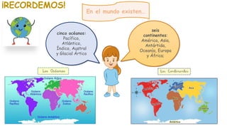 seis
continentes:
América, Asia,
Antártida,
Oceanía, Europa
y África;
En el mundo existen…
cinco océanos:
Pacífico,
Atlántico,
Índico, Austral
y Glacial Ártico
¡RECORDEMOS!
 