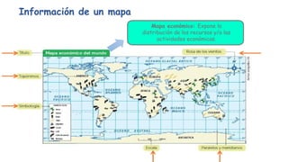 Información de un mapa
Mapa económico: Expone la
distribución de los recursos y/o las
actividades económicas.
 