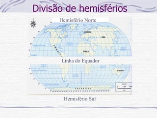 Divisão de hemisférios Hemisfério Norte Hemisfério Sul Linha do Equador 