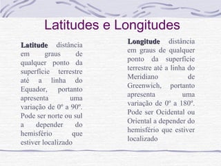Latitudes e Longitudes
Latitude distância
em
graus
de
qualquer ponto da
superfície terrestre
até a linha do
Equador, portanto
apresenta
uma
variação de 0º a 90º.
Pode ser norte ou sul
a
depender
do
hemisfério
que
estiver localizado

Longitude distância
em graus de qualquer
ponto da superfície
terrestre até a linha do
Meridiano
de
Greenwich, portanto
apresenta
uma
variação de 0º a 180º.
Pode ser Ocidental ou
Oriental a depender do
hemisfério que estiver
localizado

 