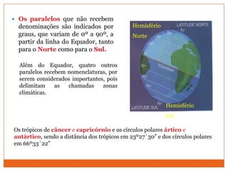  Os paralelos que não recebem
  denominações são indicados por              Hemisfério
  graus, que variam de 0º a 90º, a            Norte
  partir da linha do Equador, tanto
  para o Norte como para o Sul.

  Além do Equador, quatro outros
  paralelos recebem nomenclaturas, por
  serem considerados importantes, pois
  delimitam     as  chamadas    zonas
  climáticas.

                                                           Hemisfério
                                                           Sul

Os trópicos de câncer e capricórnio e os círculos polares ártico e
antártico, sendo a distância dos trópicos em 23º27`30” e dos círculos polares
em 66º33`22”
 
