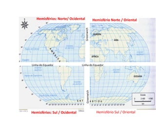 Hemisférios: Norte/ Ocidental      Hemisfério Norte / Oriental




Linha do Equador               Linha do Equador




Hemisférios: Sul / Ocidental             Hemisfério Sul / Oriental
 