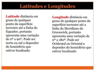 Latitudes e Longitudes

Latitude distância em      Longitude distância em
graus de qualquer          graus de qualquer ponto da
ponto da superfície        superfície terrestre até a
terrestre até a linha do   linha do Meridiano de
Equador, portanto          Greenwich, portanto
apresenta uma variação     apresenta uma variação de
de 0º a 90º. Pode ser      0º a 180º. Pode ser
norte ou sul a depender    Ocidental ou Oriental a
do hemisfério que          depender do hemisfério que
estiver localizado         estiver localizado
 
