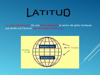 La Línea del Ecuador. Es una línea imaginaria al centro del globo terráqueo
que divide a la Tierra en dos Hemisferios Norte y Sur.
Hemisferio Norte
Hemisferio Sur
