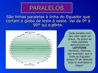 PARALELOS
São linhas paralelas à linha do Equador que
cortam o globo de leste à oeste. Vai de 0º à
              90º sul e norte.

                                Cada paralelo tem
                                seu valor dado em
                                graus. Os graus de
                                    cada paralelo
                                   denominam-se
                                     LATITUDE.
                                Portanto, falamos,
                                por exemplo, que a
                                 linha do Equador
                               possui 0º de latitude.
                                Veja os exemplos a
                                       seguir:
 
