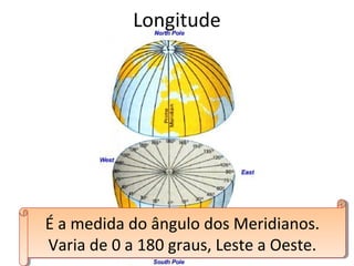 Longitude




É a medida do ângulo dos Meridianos.
É a medida do ângulo dos Meridianos.
Varia de 0 a 180 graus, Leste a Oeste.
 Varia de 0 a 180 graus, Leste a Oeste.
 