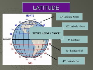 LATITUDE
                60º Latitude Norte


                      30º Latitude Norte

TENTE AGORA VOCÊ!

                         0º Latitude



                       15º Latitude Sul



                    45º Latitude Sul
 