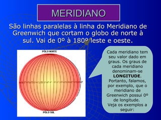 MERIDIANO
São linhas paralelas à linha do Meridiano de
 Greenwich que cortam o globo de norte à
    sul. Vai de 0º à 180º leste e oeste.
                               Cada meridiano tem
                                seu valor dado em
                                graus. Os graus de
                                  cada meridiano
                                  denominam-se
                                   LONGITUDE.
                                Portanto, falamos,
                               por exemplo, que o
                                   meridiano de
                               Greenwich possui 0º
                                   de longitude.
                               Veja os exemplos a
                                       seguir:
 