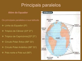 Principais paralelos
Além do Equador
Os principais paralelos e sua latitude.
 Linha do Equador (0º)
 Trópico de Câncer (23º 27’)
 Trópico de Capricórnio(23º 27’)
 Círculo Polar Ártico (66º 33’)
 Círculo Polar Antártico (66º 33’)
 Polo norte e Polo sul (90º)
 