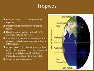Trópicos
 Estão distantes 23° 27` em relação ao
Equador.
 Indicam limite máximo entre o Sul e o
Norte.
 Os raios solares incidem verticalmente
durante solstícios de verão.
 Esta faixa entre os trópicos de capricórnio
de câncer, são chamas de zona tropical ou
intertropical.
 Ao norte do trópico de câncer e ao sul do
trópico de capricórnio , os raios solares vão
atingir a superfície terrestre de forma
inclinada ou oblíqua, nas temperadas.
 Tangente nas zonas polares.
 