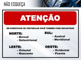 NÃO ESQUEÇA
EM EXERCÍCIOS DE VESTIBULAR VOCÊ TAMBÉM PODE ENCONTRAR
NORTE:
- Boreal
- Setentrional
SUL:
- Austral
- Meridional
LESTE:
- Oriental
- Nascente
OESTE:
- Ocidental
- Poente
ATENÇÃO
 