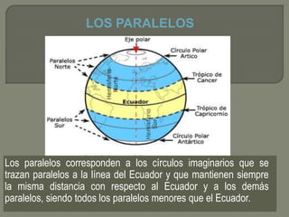 Los paralelos corresponden a los círculos imaginarios que se
trazan paralelos a la línea del Ecuador y que mantienen siempre
la misma distancia con respecto al Ecuador y a los demás
paralelos, siendo todos los paralelos menores que el Ecuador.
LOS PARALELOS
 