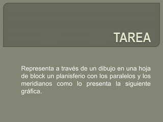 Representa a través de un dibujo en una hoja
de block un planisferio con los paralelos y los
meridianos como lo presenta la siguiente
gráfica.
 