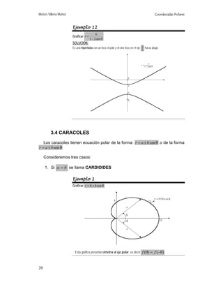 Moisés Villena Muñoz Coordenadas Polares
20
Ejemplo 12
Graficar
θ−
=
sen21
6
r
SOLUCIÓN:
Es una hipérbola con un foco el polo y el otro foco en el eje
2
π hacia abajo.
3.4 CARACOLES
Los caracoles tienen ecuación polar de la forma: θ±= cosbar o de la forma
θ±= senbar
Consideremos tres casos:
1. Si ba = se llama CARDIOIDES
Ejemplo 1
Graficar θ+= cos66r
Esta gráfica presenta simetría al eje polar, es decir: )()( θ−=θ ff
 