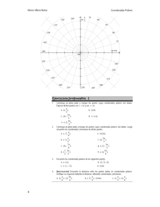 Moisés Villena Muñoz Coordenadas Polares
4
Ejercicios propuestos 1
1. Construya un plano polar y marque los puntos cuyas coordenadas polares son dadas.
Exprese dichos puntos con 0>r y con 0<r .
a. )
2
,1(
π
b. )0,3(
c. )
3
2
,4(
π
− d. ),1( π−
e. )
2
3
,2(
π
−
2. Construya un plano polar y marque los puntos cuyas coordenadas polares son dadas. Luego
encuentre las coordenadas cartesianas de dichos puntos.
a. )
4
,2(
π
e. )3,4( π
b. )
3
,1(
π
− f. )
3
2
,2(
π
c. )
6
7
,4(
π
− g. )
3
5
,2(
π
−−
d. )
2
3
,
2
3
(
π
h. )
4
5
,4(
π
−
3. Encuentre las coordenadas polares de los siguientes puntos.
a. )1,1(− b. )2,32( −
c. )3,1( −− d. )4,3(
4. (INVESTIGACIÓN) Encuentre la distancia entre los puntos dados en coordenadas polares.
Verifique su respuesta hallando la distancia, utilizando coordenadas cartesianas.
a. )
4
3
,3()
6
,1(
π
−
π
. b. )4,1()
4
,2( π−
π
c. )
6
,1()
3
,1(
π
−
π
Eje Polar
Polo
Eje
2
π
15
30
45
60
75
105
120
135
150
165
180
195
210
225
240
255 270 285
300
315
330
345
 