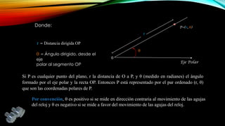 Donde:

P=(r, θ)

r

r = Distancia dirigida OP
θ = Ángulo dirigido, desde el
eje
polar al segmento OP

θ
0

Eje Polar

Si P es cualquier punto del plano, r la distancia de O a P, y θ (medido en radianes) el ángulo
formado por el eje polar y la recta OP. Entonces P está representado por el par ordenado (r, θ)
que son las coordenadas polares de P.
Por convención, θ es positivo si se mide en dirección contraria al movimiento de las agujas
del reloj y θ es negativo si se mide a favor del movimiento de las agujas del reloj.

 