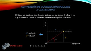 Definido un punto en coordenadas polares por su ángulo θ sobre el eje
x, y su distancia r desde el centro de coordenadas al punto P, se tiene:

x
X = r Cos (θ)

r

Y = r Sen (θ)

.

P = (r, θ)
y

θ
O

Por lo tanto:

P = (r Cos θ, r Sen θ)

Eje polar

 