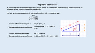De polares a cartesianas
Si tienes un punto en coordenadas polares (r, θ) y lo quieres en coordenadas cartesianas (x,y) necesitas resolver un
triángulo del que conoces el lado largo y un ángulo:
Usamos la función coseno para x: cos( 23 °) = x / 13
Cambiamos de orden y resolvemos:
x = 13 × cos( 23 °) = 13 × 0.921 =
11.98
Usamos la función seno para y: sin( 23 °) = y / 13
Cambiamos de orden y resolvemos: y = 13 × sin( 23 °) = 13 × 0.391 = 5.08
Así que las fórmulas para convertir coordenadas polares (r,θ) a cartesianas (x,y)
son:
x = r × cos( θ )
y = r × sin( θ )
 