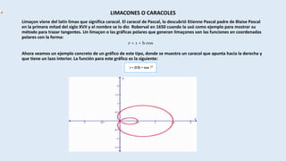 LIMACONES O CARACOLES
Limaçon viene del latín limax que significa caracol. El caracol de Pascal, lo descubrió Etienne Pascal padre de Blaise Pascal
en la primera mitad del siglo XVII y el nombre se lo dio Roberval en 1650 cuando la usó como ejemplo para mostrar su
método para trazar tangentes. Un limaçon o las gráficas polares que generan limaçones son las funciones en coordenadas
polares con la forma:
Ahora veamos un ejemplo concreto de un gráfico de este tipo, donde se muestra un caracol que apunta hacia la derecha y
que tiene un lazo interior. La función para este gráfico es la siguiente:
r = 1 + b cos
 