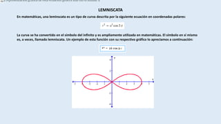 LEMNISCATA
En matemáticas, una leminscata es un tipo de curva descrita por la siguiente ecuación en coordenadas polares:
La representación gráfica de esta ecuación genera una curva similar a
La curva se ha convertido en el símbolo del infinito y es ampliamente utilizada en matemáticas. El símbolo en sí mismo
es, a veces, llamado lemniscata. Un ejemplo de esta función con su respectivo gráfico lo apreciamos a continuación:
 
