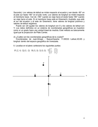 4
Seconds). Los valores de latitud se miden respecto al ecuador y van desde -90° en
el polo sur hasta +90° en el polo norte. Los valores de longitud se miden respecto
al meridiano base. Van de -180° cuando se viaja hacia el oeste hasta 180° cuando
se viaja hacia el este. Si el meridiano base está en Greenwich, Australia, que está
al sur del ecuador y al este de Greenwich, tiene valores de longitud positivos y
valores de latitud negativos.
Puede ser útil igualar los valores de longitud con X y los valores de latitud con
Y. Los datos definidos en un sistema de coordenadas geográficas se muestran
como si un grado fuera una unidad lineal de medida. Este método es básicamente
igual que la proyección de Plate Carrée.
d) ¿Cuáles son las coordenadas geográficas de tu ciudad?
Coordenadas de Juan-Griego - Nueva-Esparta: 11.08333 Latitud,-63.95 y
longitud dentro del espacio geográfico de Venezuela.
II. Localiza en el plano cartesiano los siguientes puntos:
x
y
S
Q
R
P
T
 