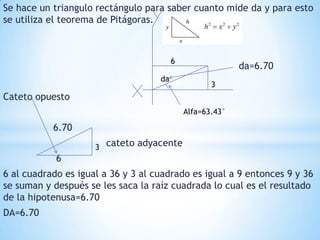 Se hace un triangulo rectángulo para saber cuanto mide da y para esto se utiliza el teorema de Pitágoras.                                                                                       da=6.70Cateto opuesto                 6.70                                  cateto adyacente                 66 al cuadrado es igual a 36 y 3 al cuadrado es igual a 9 entonces 9 y 36 se suman y después se les saca la raíz cuadrada lo cual es el resultado de la hipotenusa=6.70DA=6.70                        6da3Alfa=63.43°3