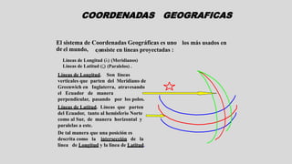 La Latitud y la Longitud son medidas angulares con respecto al plano 
del Ecuador, y al Meridiano de Greenwich donde : 
La...