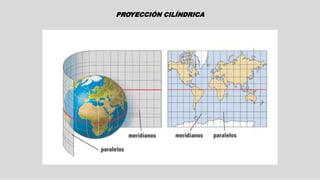 Cilíndrica: Proyección construida a 
partir de un cilindro: paralelos y 
meridianos 
representar 
son rectos. Permiten 
to...