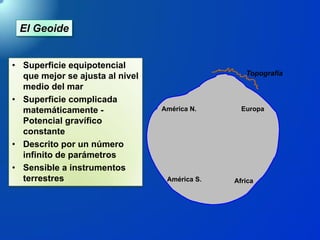 El Geoide
• Superficie equipotencial
que mejor se ajusta al nivel
medio del mar
• Superficie complicada
matemáticamente -
Potencial gravífico
constante
• Descrito por un número
infinito de parámetros
• Sensible a instrumentos
terrestres
EuropaAmérica N.
América S. Africa
Topografía
 