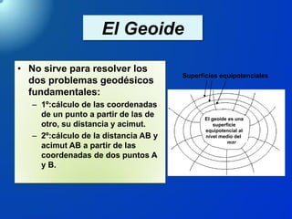 El Geoide
• No sirve para resolver los
dos problemas geodésicos
fundamentales:
– 1º:cálculo de las coordenadas
de un punto a partir de las de
otro, su distancia y acimut.
– 2º:cálculo de la distancia AB y
acimut AB a partir de las
coordenadas de dos puntos A
y B.
El geoide es una
superficie
equipotencial al
nivel medio del
mar
Superficies equipotenciales
 