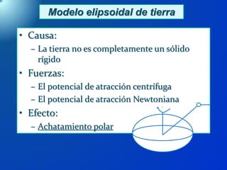 Modelo elipsoidal de tierra
• Causa:
– La tierra no es completamente un sólido
rígido
• Fuerzas:
– El potencial de atracción centrífuga
– El potencial de atracción Newtoniana
• Efecto:
– Achatamiento polar
 