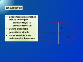 El Elipsoide
• Elipse figura matemática
que se define por
– Semi-Eje Mayor (a)
– Semi-Eje Menor (b)
• Es una superficie
geométrica simple
• No es sensible a los
instrumentos terrestres
b
a
 