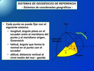 SISTEMAS DE GEODÉSICOS DE REFERENCIA
- Sistemas de coordenadas geográficas -
• Cada punto se puede fijar con el
siguiente sistema:
• longitud, ángulo plano en el
ecuador entre el meridiano del
punto y el meridiano origen,
Greenwich
• latitud, ángulo que forma la
normal en el punto con el
ecuador
• altitud, distancia vertical al
nivel medio del mar - geoide
g

l
h
P
Polo
Greenwich
Meridiano
Ecuador
 