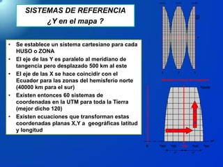 SISTEMAS DE REFERENCIA
¿Y en el mapa ?
• Se establece un sistema cartesiano para cada
HUSO o ZONA
• El eje de las Y es paralelo al meridiano de
tangencia pero desplazado 500 km al este
• El eje de las X se hace coincidir con el
Ecuador para las zonas del hemisferio norte
(40000 km para el sur)
• Existen entonces 60 sistemas de
coordenadas en la UTM para toda la Tierra
(mejor dicho 120)
• Existen ecuaciones que transforman estas
coordenadas planas X,Y a geográficas latitud
y longitud
 