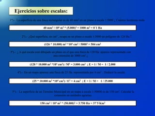 Ejercicios sobre escalas:
1º).- La superficie de una finca rectangular es de 40 mm2 en un plano a escala 1:5000 ¿ Cuántas hectáreas mide
2º).- ¿Qué superficie, en cm2 , ocupa en un plano a escala 1:5000 un polígono de 126 Ha.?.
3º).- ¿ A qué escala está dibujado un plano en el que una finca de 120 Ha. aparece representada con
una extensión de 3000 cm2 ¿
4º).- En un mapa aparece una finca de 25 Ha. representada por 4 cm2 . Deducir la escala.
5º).- La superficie de un Término Municipal en un mapa a escala 1:50000 es de 150 cm2. Calcular la
extensión en unidades agrarias.
40 mm2 / 106 m2 * (5.000)2 = 1000 m2 = 0´1 Ha
(126 * 10.000) m2 *104 cm2 / 50002 = 504 cm2
(120 * 10.000 m2 *104 cm2) / M2 = 3.000 cm2 ; E = 1 / M = 1 / 2.000
(25 * 10.000 m2 *104 cm2) / E2 = 4 cm2 ; E = 1 / M = 1 / 25.000
150 cm2 / 104 m2 * (50.000)2 = 3.750 Ha = 37´5 Km2
 