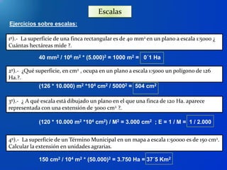 Ejercicios sobre escalas:
1º).- La superficie de una finca rectangular es de 40 mm2 en un plano a escala 1:5000 ¿
Cuántas hectáreas mide ?.
2º).- ¿Qué superficie, en cm2 , ocupa en un plano a escala 1:5000 un polígono de 126
Ha.?.
40 mm2 / 106 m2 * (5.000)2 = 1000 m2 = 0´1 Ha
(126 * 10.000) m2 *104 cm2 / 50002 = 504 cm2
3º).- ¿ A qué escala está dibujado un plano en el que una finca de 120 Ha. aparece
representada con una extensión de 3000 cm2 ?.
4º).- La superficie de un Término Municipal en un mapa a escala 1:50000 es de 150 cm2.
Calcular la extensión en unidades agrarias.
(120 * 10.000 m2 *104 cm2) / M2 = 3.000 cm2 ; E = 1 / M = 1 / 2.000
150 cm2 / 104 m2 * (50.000)2 = 3.750 Ha = 37´5 Km2
Escalas
 