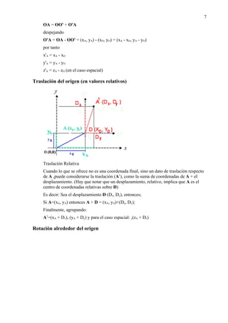 OA = OO' + O'A
despejando
O'A = OA - OO' = (xA, yA) - (xO, yO) = (xA - xO, yA - yO)
por tanto
x'A = xA - xO
y'A = yA - yO
z'A = zA - zO (en el caso espacial)
Traslación del origen (en valores relativos)
Traslación Relativa
Cuando lo que se ofrece no es una coordenada final, sino un dato de traslación respecto
de A ,puede considerarse la traslación (A1
), como la suma de coordenadas de A + el
desplazamiento. (Hay que notar que un desplazamiento, relativo, implica que A es el
centro de coordenadas relativas sobre D)
Es decir: Sea el desplazamiento D (Dx, Dy), entonces;
Si A=(xA, yA) entonces A + D = (xA, yA)+(Dx, Dy);
Finalmente, agrupando:
A1
=(xA + Dx), (yA + Dy) y para el caso espacial: ,(zA + Dz)
Rotación alrededor del origen
7
 