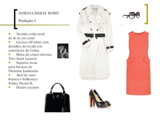 Produção 3 Vestido estilo retrô  de lã na cor coral Casaco off white com detalhes do tecido em constraste de Celine Bolsa de couro clássica Yves Saint Laurent Sapatos meia pata básicos de Christian Louboutin Anel de ouro branco e brilhantes Selma Naomi K. Óculos escuros ESTILO CLÁSSICO/ RETRÔ: 
