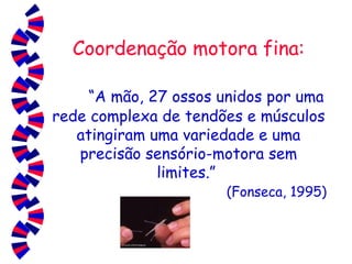 Coordenação motora fina: “A mão, 27 ossos unidos por uma rede complexa de tendões e músculos atingiram uma variedade e uma precisão sensório-motora sem limites.”  (Fonseca, 1995) 