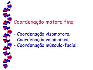 Coordenação motora fina: - Coordenação visomotora; - Coordenação visomanual; - Coordenação músculo-facial. 