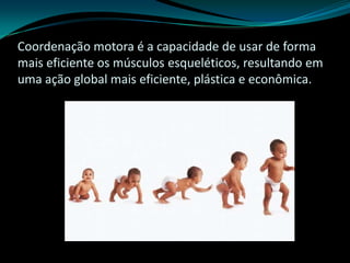 Coordenação motora é a capacidade de usar de forma
mais eficiente os músculos esqueléticos, resultando em
uma ação global mais eficiente, plástica e econômica.
 