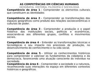 AS COMPETÊNCIAS EM CIÊNCIAS HUMANAS
GEOGRAFIA, HISTÓRIA, FILOSOFIA E SOCIOLOGIA
Competência de área 1 – Compreender os elementos culturais
que constituem as identidades
Competência de área 2 – Compreender as transformações dos
espaços geográficos como produto das relações socioeconômicas e
culturais de poder.
Competência de área 3 – Compreender a produção e o papel
histórico das instituições sociais, políticas e econômicas,
associando-as aos diferentes grupos, conflitos e movimentos
sociais.
Competência de área 4 – Entender as transformações técnicas e
tecnológicas e seu impacto nos processos de produção, no
desenvolvimento do conhecimento e na vida social.
Competência de área 5 – Utilizar os conhecimentos históricos
para compreender e valorizar os fundamentos da cidadania e da
democracia, favorecendo uma atuação consciente do indivíduo na
sociedade.
Competência de área 6 – Compreender a sociedade e a natureza,
reconhecendo suas interações no espaço em diferentes contextos
históricos e geográficos.
 